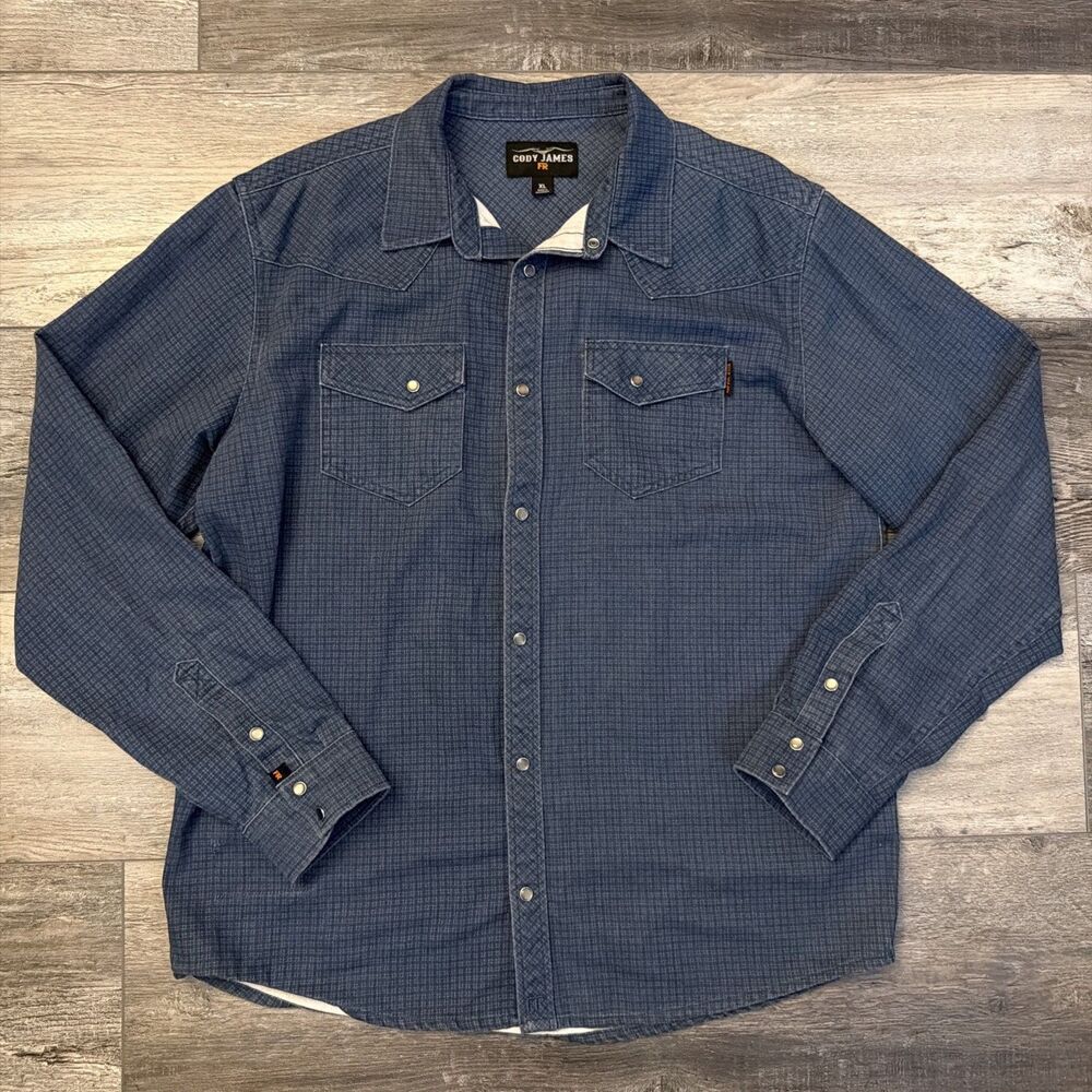 Cody James FR Western Pearl Snap Shirt Men’s XL Blue Plaid Flame Resistant